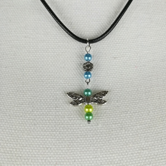Jewelry - Dragonfly necklace with blue/green beads